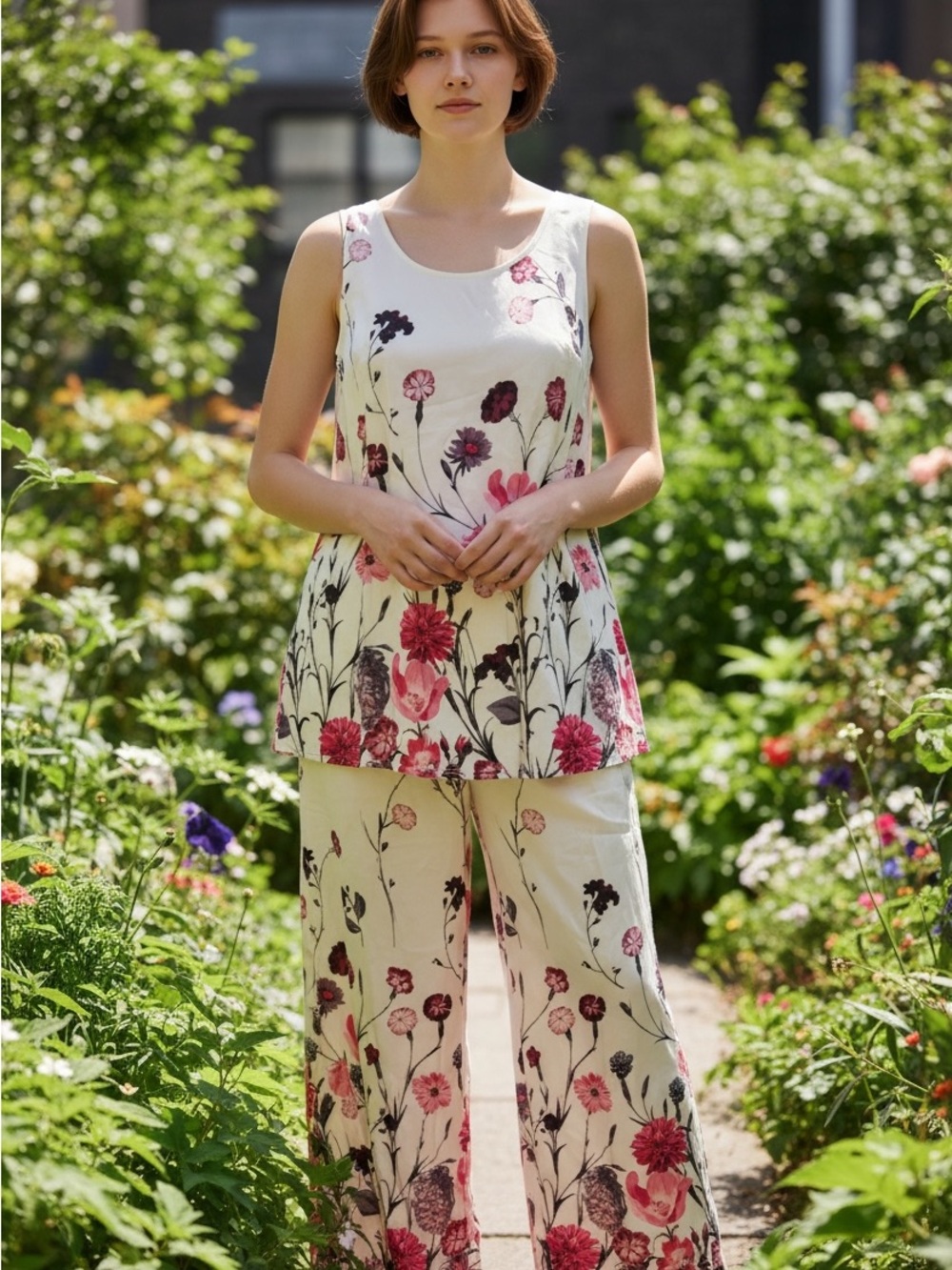 Floral Print Wide-Leg Jumpsuit - Cream with Pink & Black Flowers NWOT